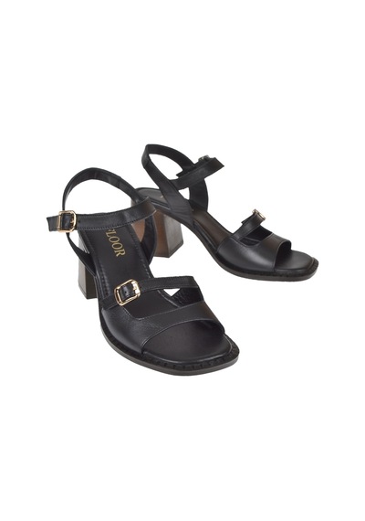 Floor Hakiki Deri Kalın Topuklu Kadın Sandalet Mak-1506 Siyah