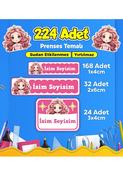 Prenses Temalı Okul Kreş Kişiye Özel İsim Etiket Seti - Model 309 Çok Renkli