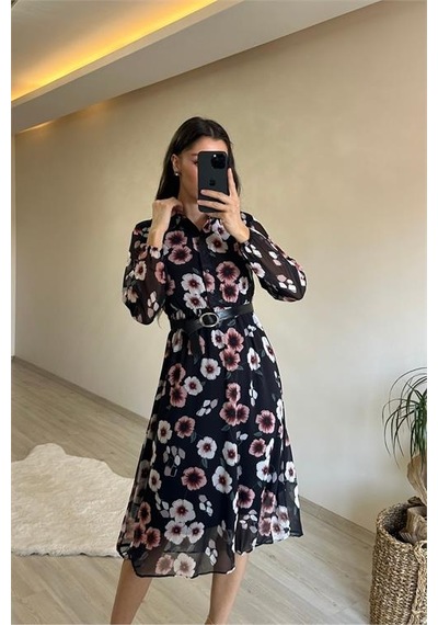Neşeli Butik Kadın Desenli Gömlek Yaka Midi Elbise Nm011 Mor
