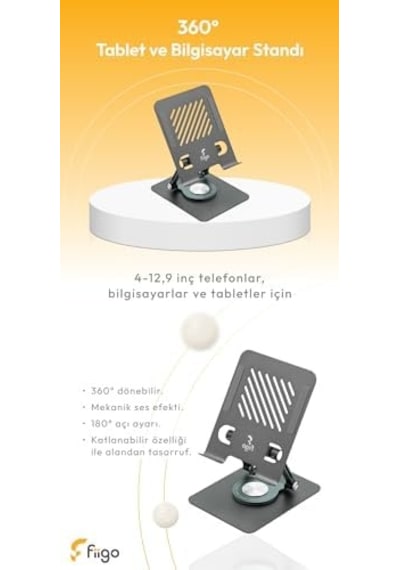 Fiigo 360 Derece Dönebilen Tablet Ve Telefon Standı Metal Grey