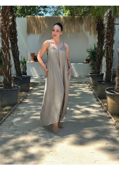 Yazlık Keten Askılı Oversize Elbise Camel