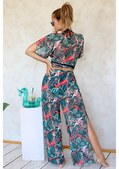 Plaj Pantalon Pareo Yazlık Kapalı Yırtmaçlı Lastikli Şifon Tül Kumaş S-M Yüksek Bel Flower Yeşil