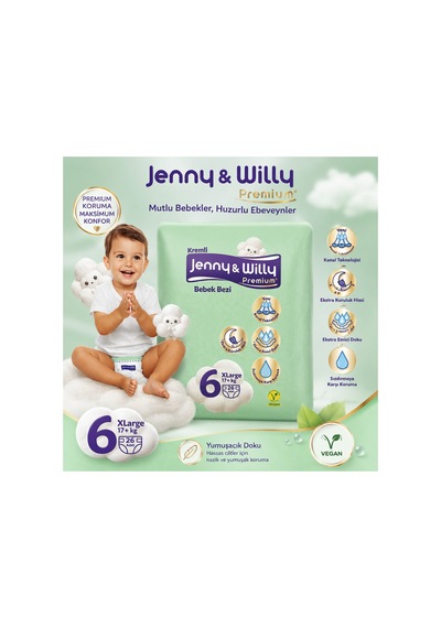 Jenny & Willy Premium Bebek Bezi 6 Numara Xlarge 17+ Kg 26 Adet Kremli Doku, Ekstra Emici Ve Sızdırmaz Koruma