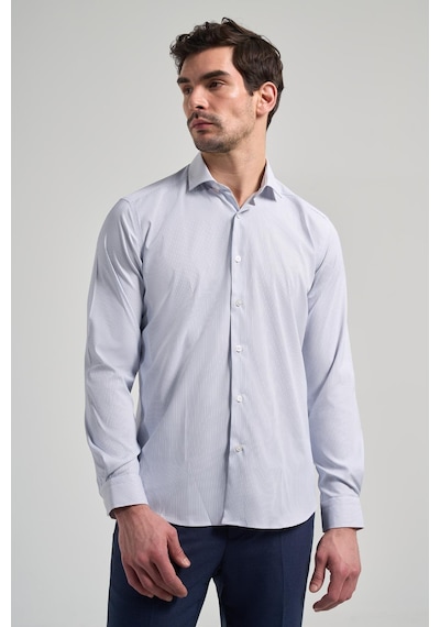 İmza Uzun Kol Çizgili Desen Bez Ayağı Sert Yaka Cepsiz Esnek Classic Slim Fit Gömlek 1004250158 Beyaz