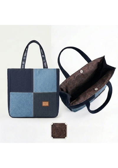 Kadın Denim Patchwork El Yapımı Özel Tasarım Büyük Boy Tote Omuz Çantası Çok renkli
