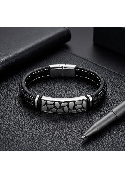 Premium River Stone Motifli Çelik Kilitli Siyah Deri Erkek Bileklik. 31831b8d4