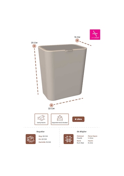 Flip 6 Lt Banyo Mutfak Tezgah Üstü Çöp Kovası - Kum Beji-7361 Bej