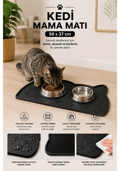 Kedi Beslenme Paspası Kedi Mama Matı Figürlü Yıkanabilir 56x37