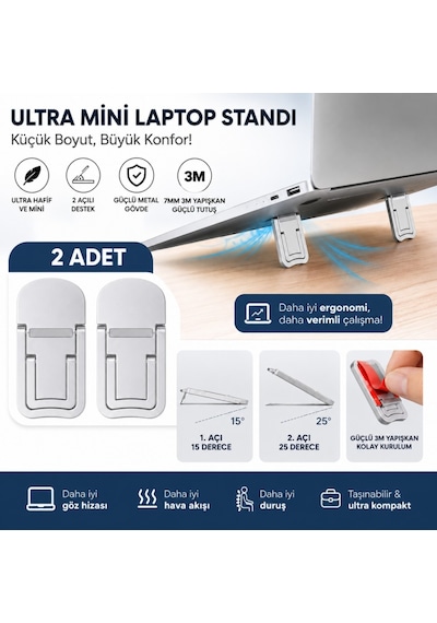 Polham Metal 2 Adet 7mm 3m Yapışkanlı Katlanabilir Ultra Mini Laptop Standı,2 Açılı Laptop Yükseltici Gümüş