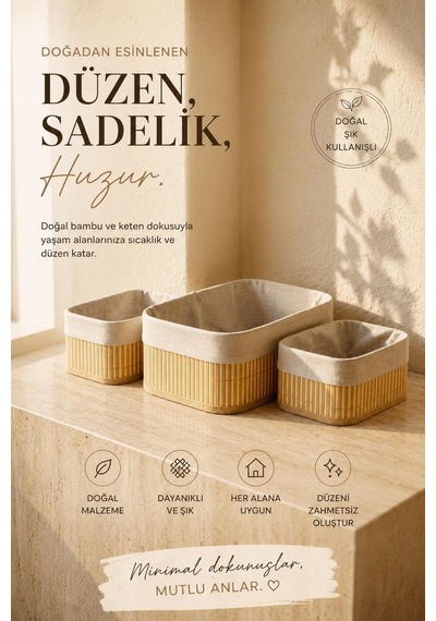 3'lü Dikdörtgen Kumaşlı Çok Amaçlı Bambu Sepet Seti Kahverengi