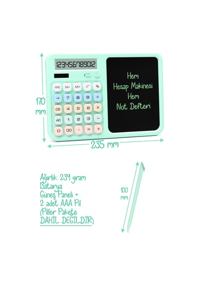 Lcd Ekran Yazı Tahtalı Hesap Makinesi 12 Haneli Tabletli Hesap Makinesi Pastel Yeşil