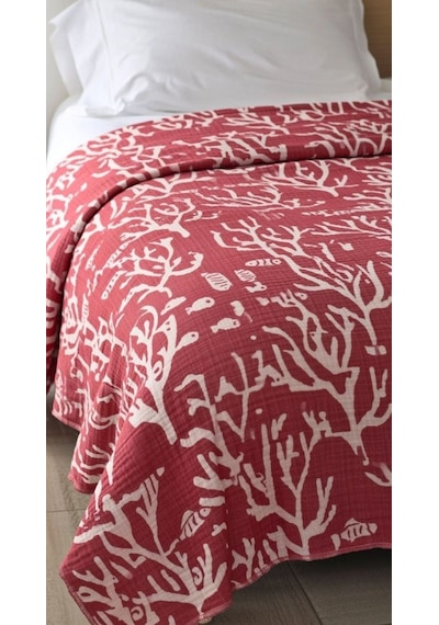 Mercan Desen 4 Katlı Müslin Pike Yatak Örtüsü Battal Boy 240x260 Cm Kırmızı