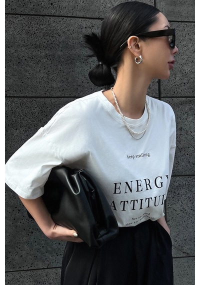Unisex Energy Baskılı Tasarım Tshirt Beyaz