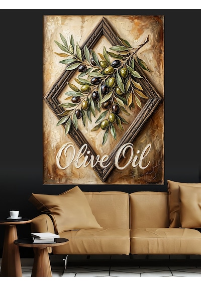 Zeytin Dalı Ve Olive Oil Yazısı Dekoratif Kanvas - Mdf Ahşap Tablo