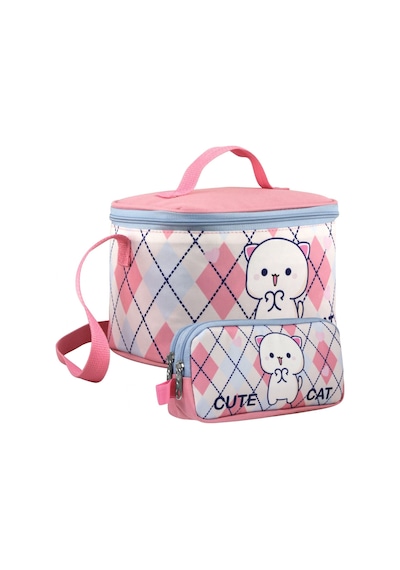 Cennec Kız Çocuk Love Cute Cat Desenli Beyaz Pembe Beslenme Çantası Ve Kalemlik Seti Beyaz - Pembe