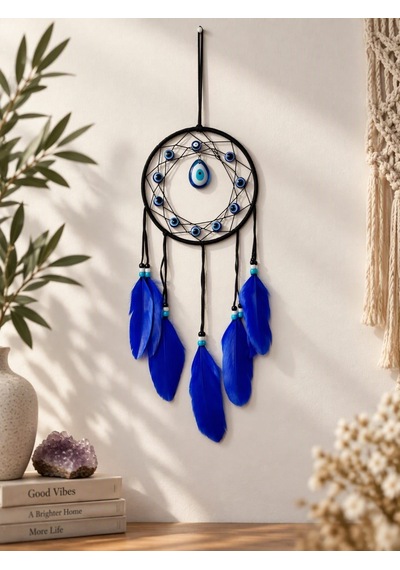 Motifli Düş Kapanı Rüya Kapanı Dream Catcher Mavi Tüylü Bohem Duvar Süsü Bohem El Yapımı Nazar Boncuklu Düş Kapanı