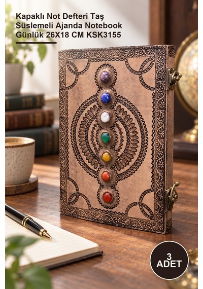3 Adet Taşlı Deri Defter Kapaklı Not Defteri Taş Süslemeli Ajanda Notebook Günlük 26x18 Cm Ksk3155 Düz