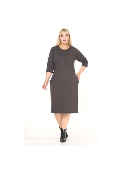 Çift Cepli Desenli Esnek Kışlık Büyük Beden Midi Elbise 27d-2732 Yeşil