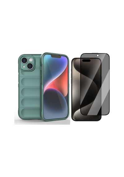 Vendas Apple iPhone Uyumlu  15 Kılıf Esnek Tpu Oyuklu Arka Yüzey Zore Etnik Silikon Kapak + Hayalet Ekran Koruyucu Yeşil
