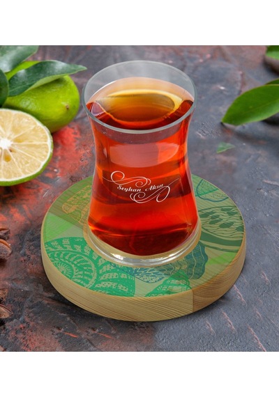 Kişiye Özel Deniz Kabukları Tasarımlı Doğal Ahşap Tabaklı Heybeli Çay Bardağı Model 1