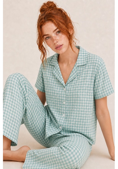 Kare Desenli Bürümçük Kumaş Kısa Kollu Pijama Takımı 6065 Su Yeşili