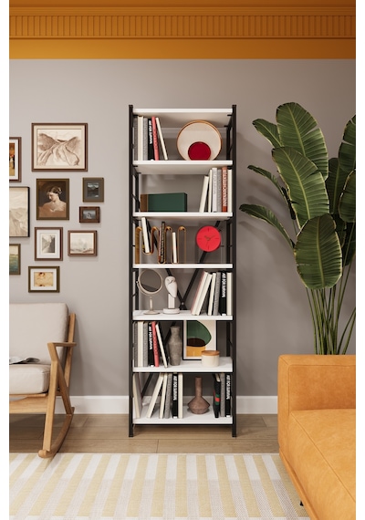 Asra Trend 6 Raflı Metal Kitaplık METALK01 %100 MDF Tek Modül Modern Kütüphane Beyaz