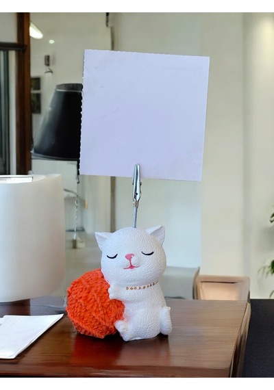 Turuncu Yumaklı Oturan Kawaii Kedi Temalı Not Tutacağı Fotoğraf Tutacak Tutucu Ofis Hediyelik Turuncu
