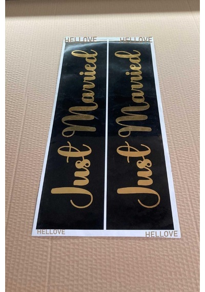 Gelin Arabası Plakalık Just Married Yazılı Siyah Üzeri Gold Yazı Kendinden Yapışkanlı