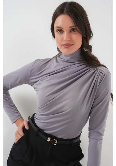 Defymoda 925 Büzgü Detaylı Sandy Bluz - Gri Gri