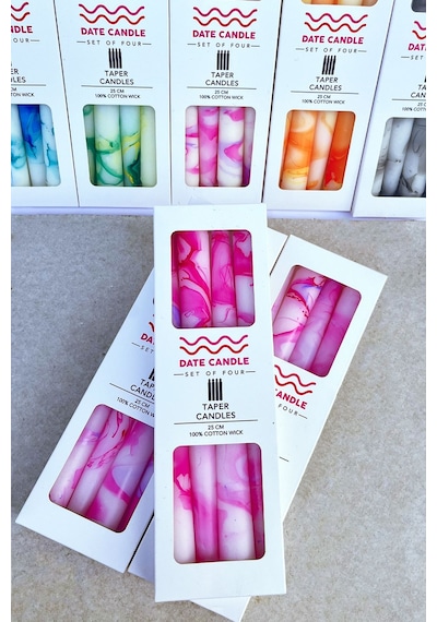 Pembe Mermer Desen Konik Şamdan Mum - 4'lü Set Pembe