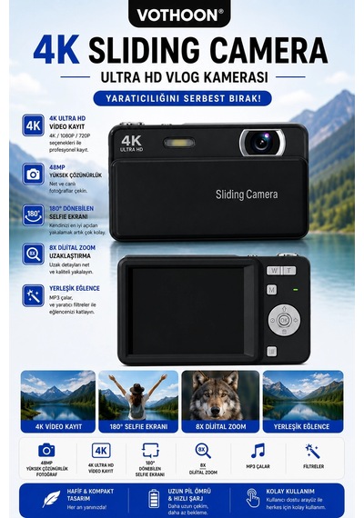 Dijital Kamera 4k Hd 48mp 8x Zoom Flaşlı Kayar Retro Video Kamera 2.4 Ekran 64gb Sd Kart Hediyeli Siyah