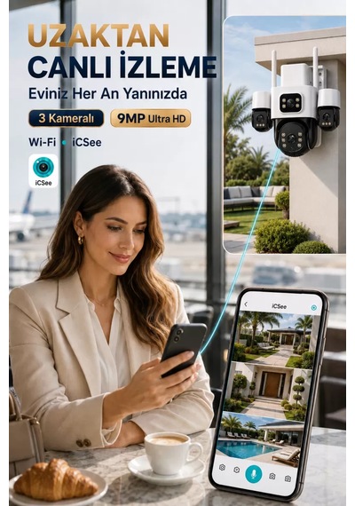 İcsee 9001 9mp 3 Lens Wifi Güvenlik Kamerası, Motorlu Gece Görüşlü Dış Mekan Kamera, 32gb Kart Ve Adaptör