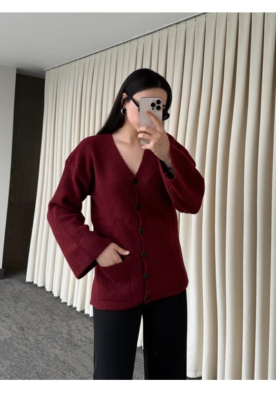 Laluvia Düğmeli Basic Hırka - 4622  Bordo