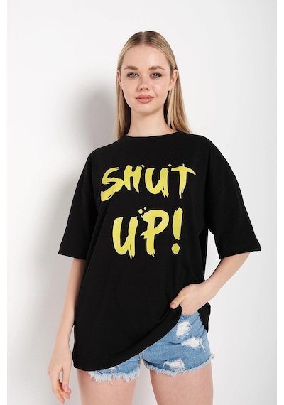 Startmore Kadın Shut Up Beyaz Baskılı Oversize Tshırt Siyah