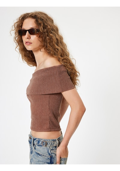 Koton Madonna Yaka Crop Bluz Kısa Kollu Bürümcük Dokulu Slim Fit Kahverengi 4sal60061ık Kahve