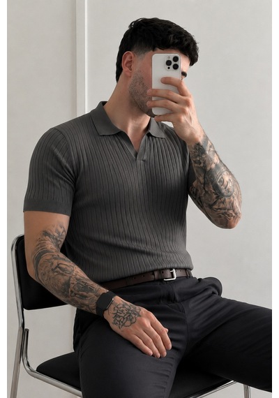Tarz Cool Premium Fitilli Triko Polo Yaka Erkek Old Money T-shirt Füme