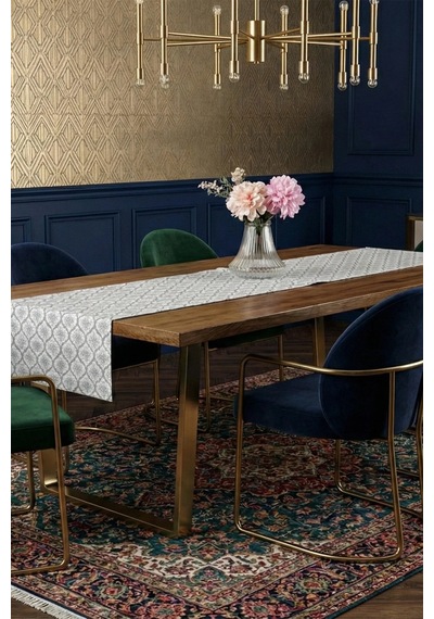 Melisa Damask Baskılı Duck Kumaş Krem Gri Runner 40x140 Cm 502 Krem