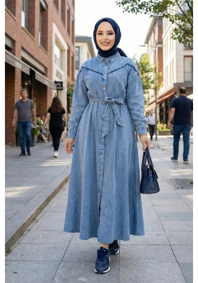 Hb Harma Time Butik Kadın Düğmeli Kuşaklı Kot Mavi Tesettür Elbise