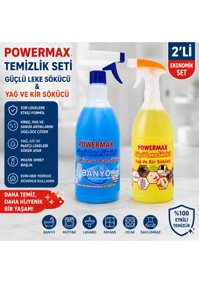 Powermax 2'li Güçlü Temizlik Seti 1000 Ml X 2 Banyo Kireç & Pas Sökücü + Yağ Ve Kir Sökücü Sprey Toplam 2000 Ml