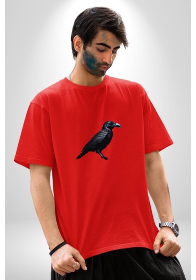 Siyah Karga Pamuklu Bisiklet Yaka Unisex Oversize Boyfriend Dijital Baskılı Kırmızı T-shirt Kırmızı