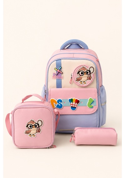 Ccs Kids Kız Çocuk İlkokul 3'lü Okul Çantası Seti Beslenme Çantası Kalemlik Pembe Mavi Ortopedik