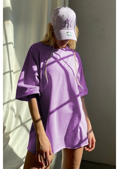 Lila Oversize Basic Kadın Tişört Lila