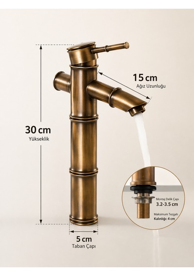 Lüx Premium Eskitme Detaylı Çanak Lavabo Bataryası Bakır