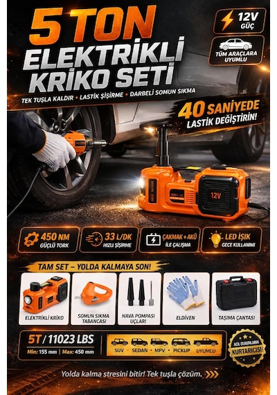 5 Ton Elektrikli Kriko Seti 12v, 3'ü 1 Arada Hidrolik Araç Krikosu Somun Sıkma Tabancası Hava Kompresörü, 450nm To