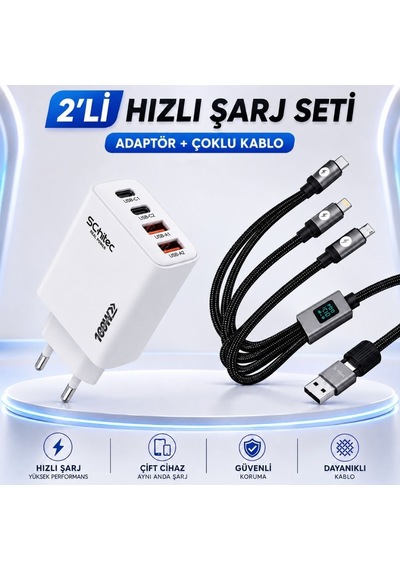Schitec 100w 4 Çıkışlu Hızlı Şarj Başlığı Ve 5in1 100w Göstergeli Type-c Ve Usba Girişli Micro Type-c Lightning Çıkışlı Hızlı Şarj