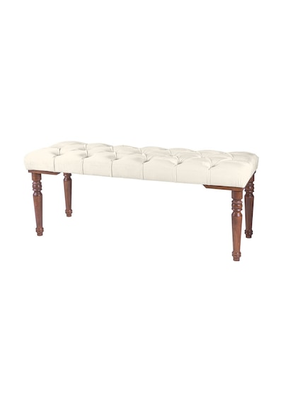 Gazzini Classic Torna Gürgen Ahşap Ayak Chester Model Kapitoneli Beyaz Puf Bench - Ceviz Ayak