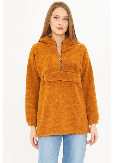 Armonika Kadın Camel Kapüşonlu Cep Kapaklı Peluş Sweatshirt Arm-25k001090