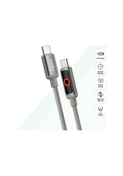Type C Hızlı Şarj Kablosu Type-c To Type-c, 60w, 480 Mbps, 1.2m, Pd, Örgü, Led Işık Gri