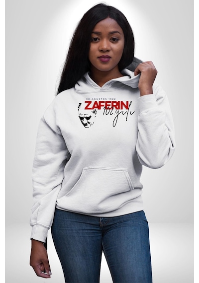 30 Ağustos Zafer Bayramı Atatürk İmzası Kadın Erkek Beyaz Kapüşonlu Sweatshirt Hoodie Beyaz
