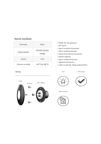 Sanel Usb Şarj Ünitesi Üniversal 12V24V 2Amp Mavi Ledli Suc2B